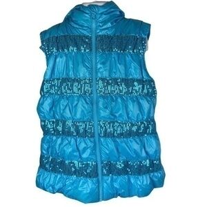 Heart N Crush Puffer Vest Jacket Girls Size XL Turquoise Sequin Stripe Hooded